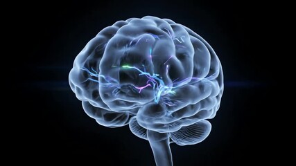 A futuristic visualization of neural activity with glowing synapses firing inside a rotating translucent brain - Powered by Adobe