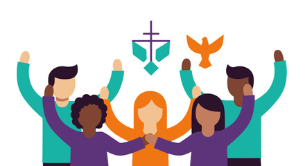 Diverse Group Celebrating Faith with Christian Symbols Vector