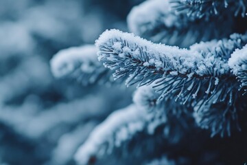 Snow covered pine needles on a tree branch