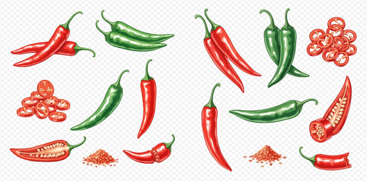 Set of hand-drawn red and green chili peppers, whole, sliced, and ground spice, vector illustration.