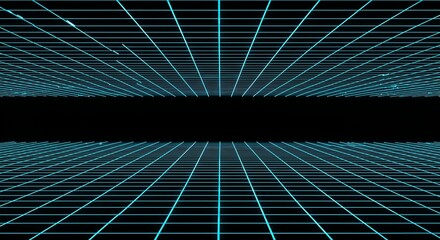 Neon blue grid pattern on black background with perspective lines converging in distance creating futuristic vibe and digital atmosphere with glowing lines and geometric shapes