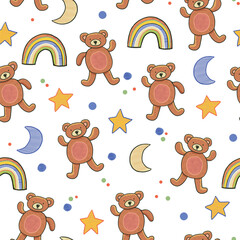 Funny bear toy baby background vector seamless pattern on white background.