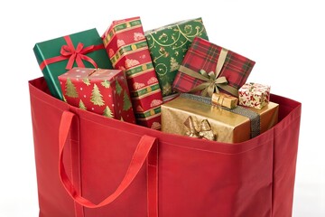 Filled with christmas presents, a large red shopping bag brimming with wrapped gift boxes, creating a festive and abundant holiday scene