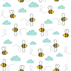 Funny flying bees and clouds vector seamless pattern on blue background.