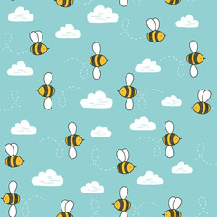 Funny flying bees and clouds vector seamless pattern on blue background.