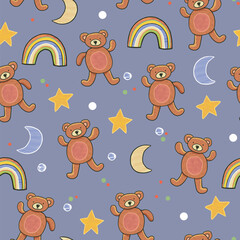 Funny bear toy baby background vector seamless pattern on white background.