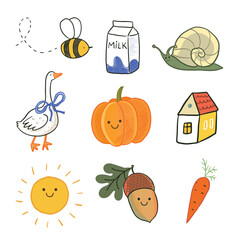 Funny animals and objects illustrations for kids vector hand drawn set. Milk box, pumpkin, goose bird, carrot, house, sun and snail.