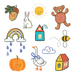 Funny animals and objects illustrations for kids vector hand drawn set. Acorn, bear, goose, bee, house, pumpkin, rainbow and rainy clouds with sun.