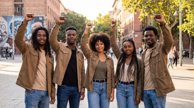 Group of young african american activists with raised fists in the street