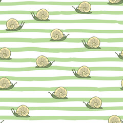 Snail baby seamless vector pattern and green striped background.