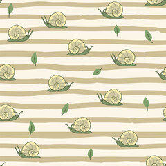 Snail and leaf baby seamless vector pattern and striped background.