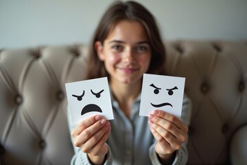 A young woman delicately holds two paper cutouts of faces - one happy, the other angry - in a photo.