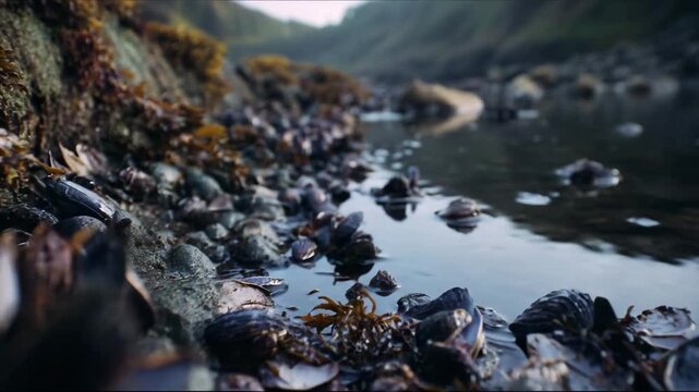 Rocky shoreline with shells and water reflecting the landscape  