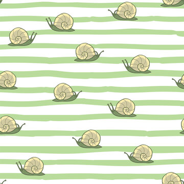 Snail baby seamless vector pattern and green striped background.