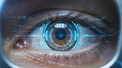 Futuristic human eye with a glowing blue digital heads-up display scanning data - Powered by Adobe