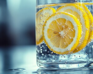 Macro close-up of water with lemon slices capturing reflections and light in a vibrant wellness setting