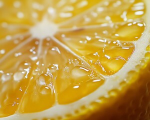 Sliced lemon with water droplets and honey turmeric latte in macro detail for wellness and healthy lifestyle