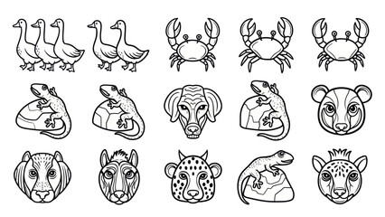 Line art animal collection geese crabs lizards dog panda cheetah © kuyilg
