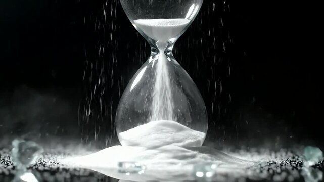 Glass hourglass shatters in dramatic slow motion on a black background a concept of broken time and deadlines