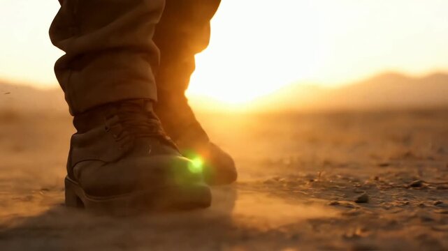 Cinematic slow motion of a person's boots walking on a dusty desert path at sunset.