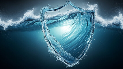 Abstract water waves forming a protective shield shape, prevention theme.