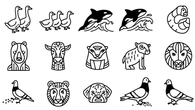 Line art animal icons set goose orca bear meerkat lion dog pigeon