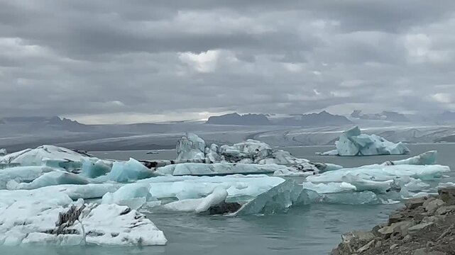 Arctic Fjord with Floating Icebergs in Greenland