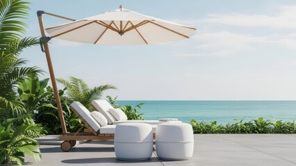 Tropical patio with lounge chairs and ocean view umbrella