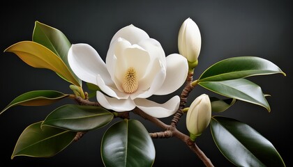 Obraz premium White Magnolia Flower With Two Buds And Green Leaves On A Branch