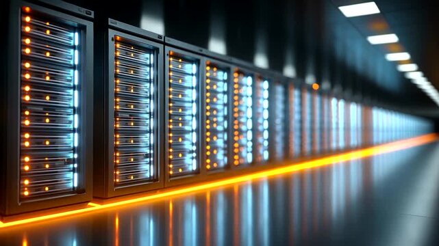 Data center with multiple rows of computer server racks and neon lights.