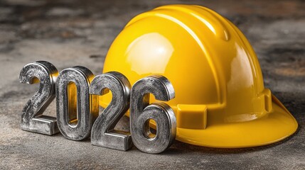 Hard hat beside the metalic numbers "2026" represents the construction or infrastructure projects expected in 2026. It implies progress, safety, and future anticipation.