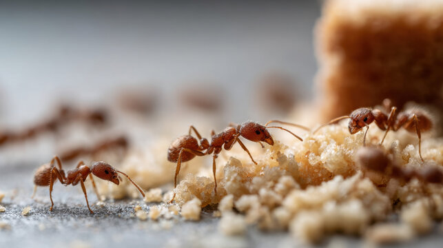 Macro shot of tiny pharaoh ants carrying food crumbs across a surface showing coordinated foraging behavior, teamwork, and household pest infestation
