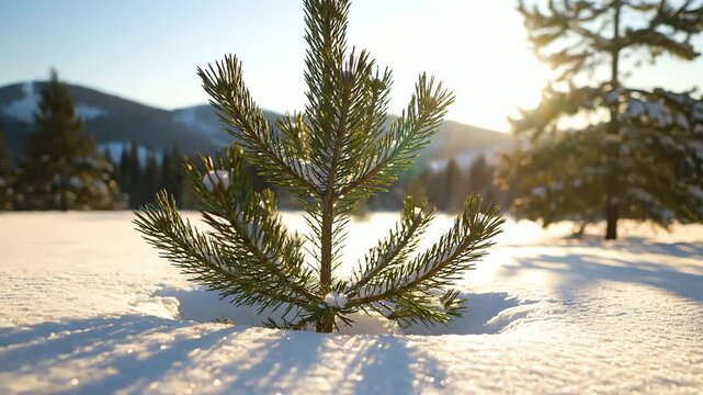 A close up shot of a small pine tree sapling standing in deep snow with a beautiful winter mountain scenery background.