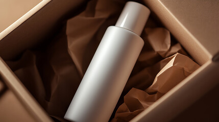 Captured in a box with crinkled paper, a minimalist white bottle awaits unboxing. The scene is a symphony of neutrals, inviting anticipation and focus on simple elegance.