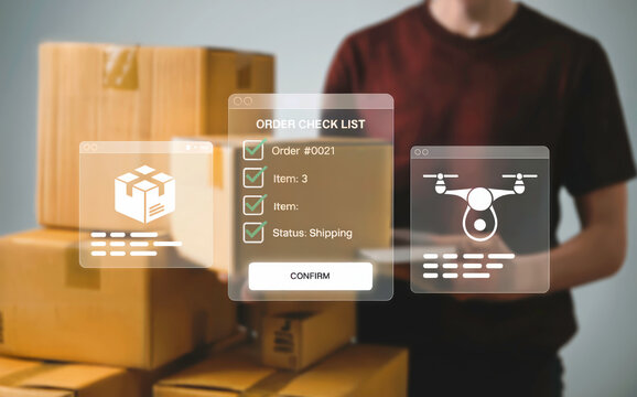 Courier Holding Package with Smart Logistics Interface Showing Delivery Drone Icon and Order Status - Powered by Adobe