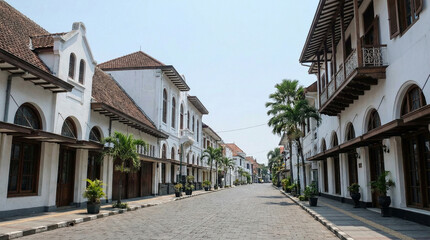 Street architecture of Yogyakarta with classic buildings, empty street, clean composition, daylight.