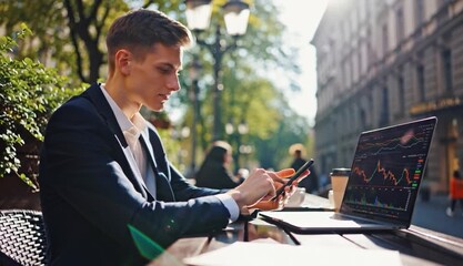 Young businessman analyzing stock market trends on laptop outdoors - Powered by Adobe