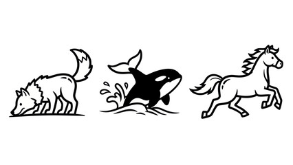 Line art animals wolf orca horse in vector illustration for design