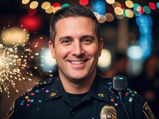 Smiling police officer in uniform with festive confetti and bokeh lights in the background