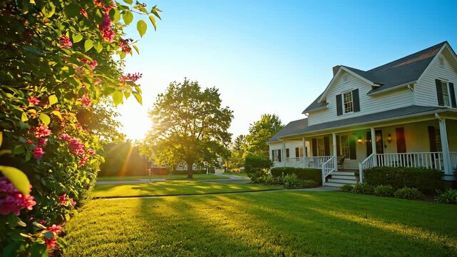 Serene suburban home with blooming flowers and golden hour sunlight on lush green lawn