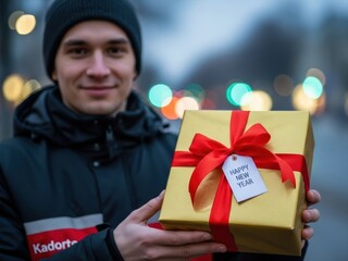 Man in beanie holding a golden gift box with red ribbon and happy new year tag