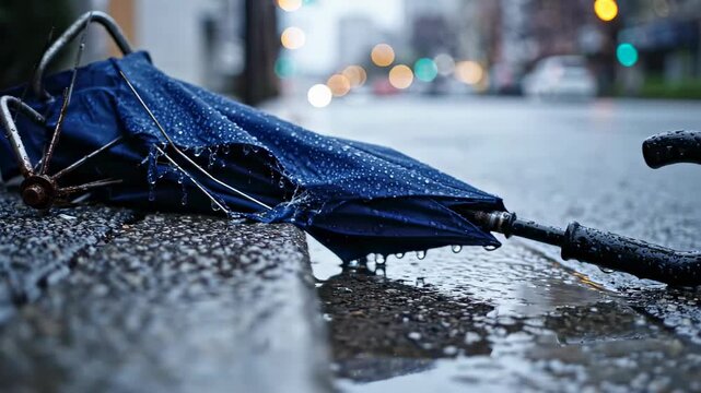 Umbrella rests on wet pavement while raindrops fall. Cityscape in background with blurred lights from traffic. Concept of weather, urban life, rainy days