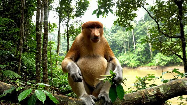 A close up view of a wild proboscis monkey eating green leaves on a tree branch in a lush jungle habitat