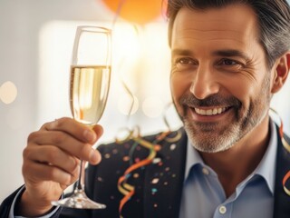 Smiling man in suit holding champagne glass with confetti and balloons in background