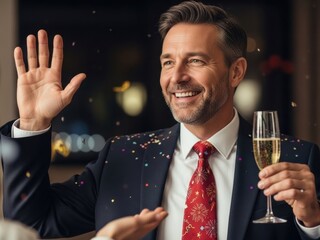 Smiling man in suit with champagne and confetti, celebrating a special occasion