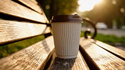 Coffee cup placed on wooden bench with soft sunlight. Natural setting captures warm afternoon light with blurred background. Concept of cafes, outdoor relaxation, urban lifestyle