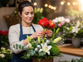 Florist arranging a beautiful holiday bouquet with amaryllis and lilies in a shop