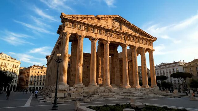 Majestic ancient Roman temple with towering columns against a blue sky with clouds