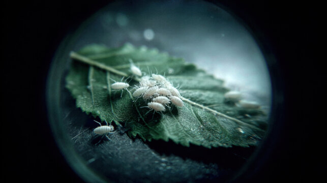 Macro shot of whiteflies clustered under a green plant leaf showing agricultural pest infestation, insect larvae, and crop damage under magnification