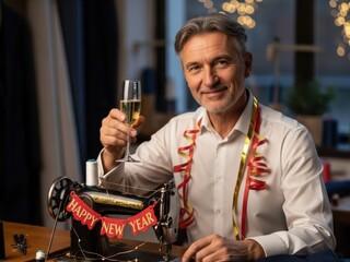 Tailor celebrating New Year's Eve with champagne and festive decorations in his workshop